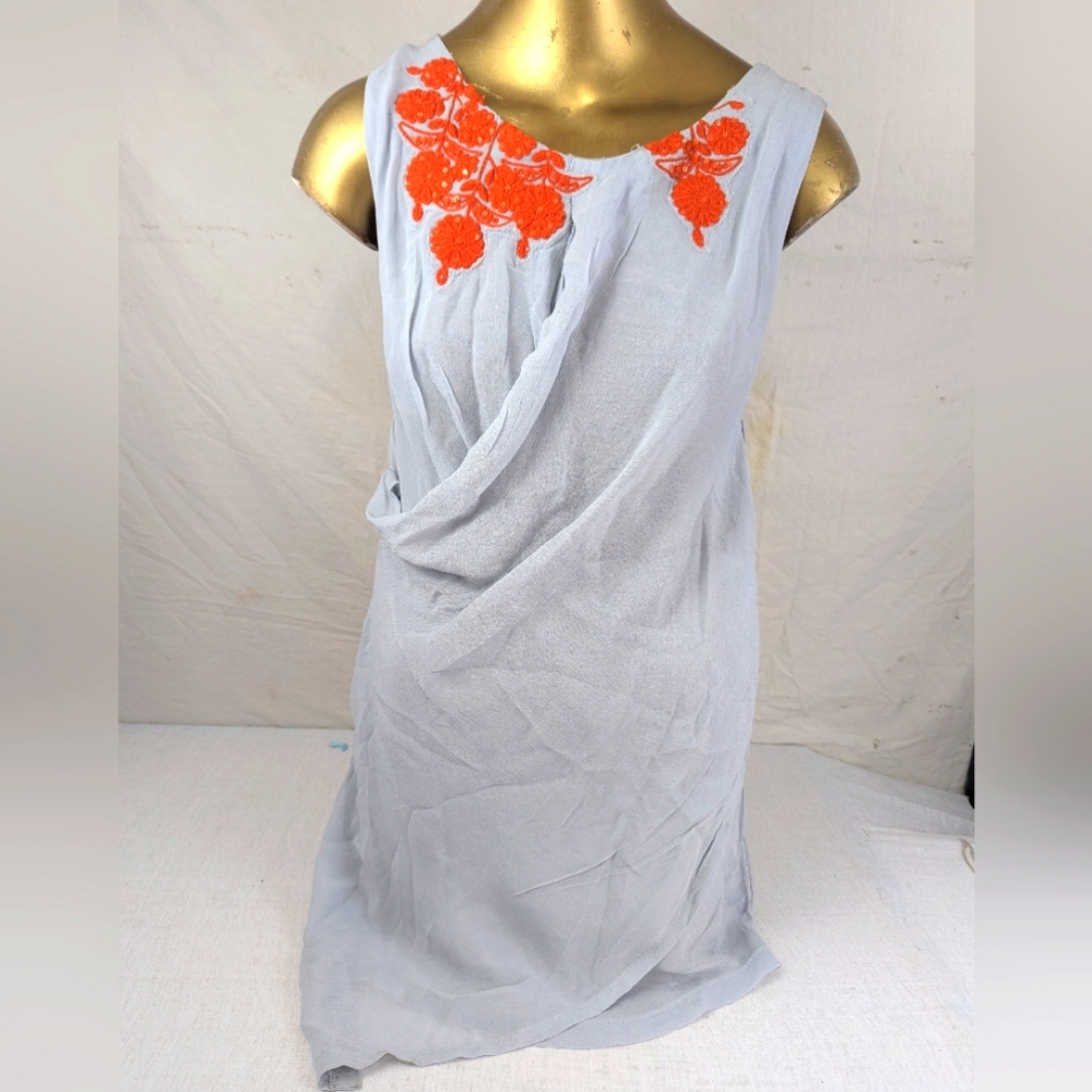 Ric Rac Light Blue Gray Blouse Floral With Orange Beaded Appliques Medium